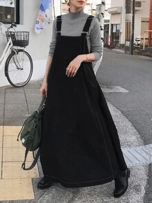 FRIFUL Women's Autumn Solid Color Spaghetti Strap Dress With Full Skirt - Black - View 3