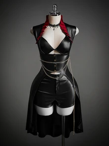 SHEIN ICON Y2K女款萬聖節Cosplay黑色哥德風束腰派對裝，對比色立領長下擺 - 黑色 - 查看 6