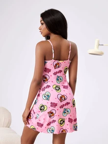 THE POWERPUFF GIRLS X SHEIN 女款卡通印花荷葉邊細肩帶睡裙 - 淺粉色 - 查看 2