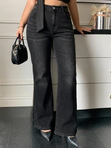 Dazy Plus Plus Size Washed Stretch Slim Fit Flare Leg Jeans, Fashionable & Versatile - Black - View 4