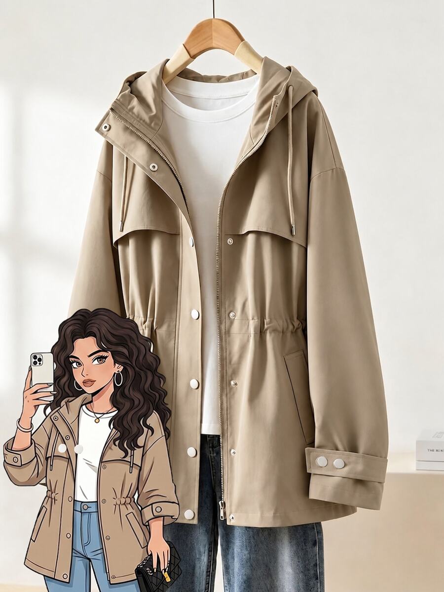 Linhara Plus Drop Shoulder Drawstring Hooded Trench Coat Without Tee Fall - Khaki - View 1