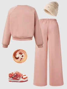 SHEIN Casuvi Kids 青少年女孩 1件字母圖案插肩袖套頭衫 & 1件運動長褲 - 珊瑚粉 - 查看 2
