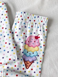 SHEIN 女童波點印花刺繡冰淇淋圖案上衣與長褲睡衣套裝 - 白色 - 查看 3