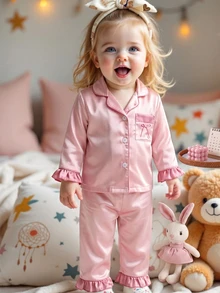 Baby Girl Embroidery Bow Contrast Binding Flare Sleeve Pajama Set - Baby Pink - View 9