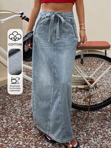 Livesso Tall Women's Tie Design Long Skirt, Vacation Style Denim Skirt Fall - Medium Wash - View 7