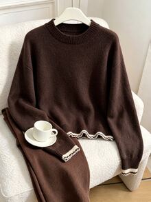 Muvela Contrast Trim Drop Shoulder Sweater Brunch Daily Brown And Cream Autumn Minimalist Casual - Brown - View 1