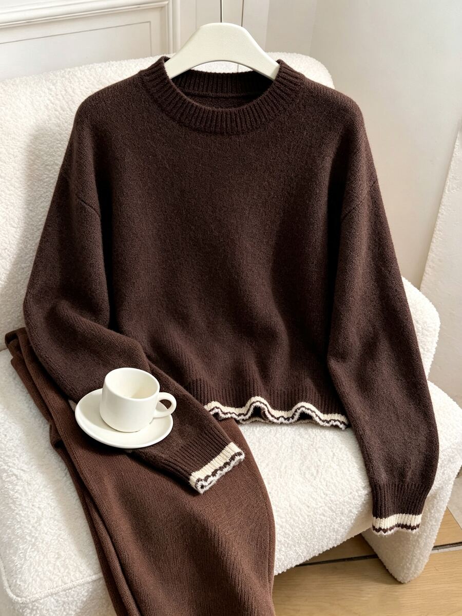 Muvela Contrast Trim Drop Shoulder Sweater Brunch Daily Brown And Cream Autumn Minimalist Casual - Brown - View 1