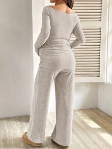 SHEIN 孕婦純色不對稱肩長袖T恤與可調腰長褲兩件套 - 杏色 - 查看 2