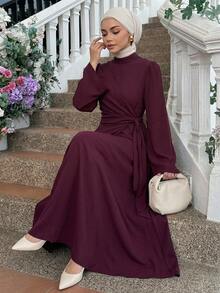 DAZY Women's Elegant Fashion Pleated Waist Long Sleeve Dress Fall - Burgundy - View 4