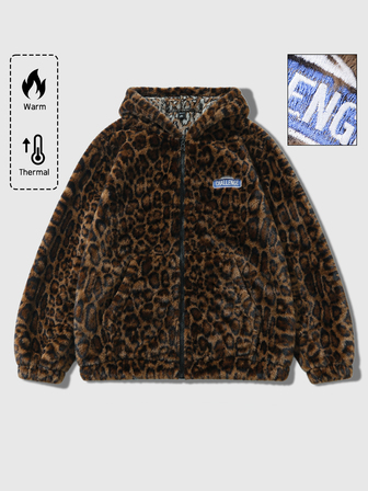 Giacca Teddy con Cappuccio da Uomo con Dettagli toppe Letterati e Motivo Leopardato