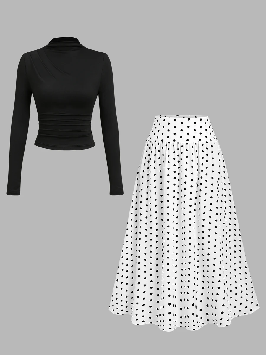 Sweetra Mock Neck Tee & Polka Dot Print Skirt - Black and White - View 1