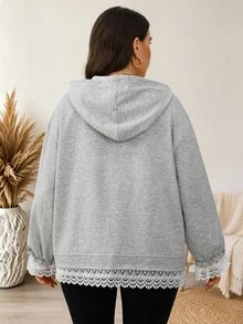 EMERY ROSE Plus Size Women's Contrast Lace Cuff Loose Casual Hooded Sweatshirt - Grey - View 2