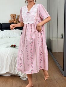 Napfluff 刺繡蕾絲V領花卉印花長款舒適柔軟女款睡袍 - 粉色 - 查看 3