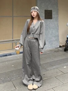 DAZY Women's Casual Cardigan Crop Top And Wide Leg Pants 2 Pieces Set Cute Tops - Grey - View 9