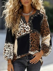 SHEIN Black And White Leopard Print Patchwork Print Colorblock Lantern Sleeve Notch Neck Top Night Out Autumn Casual - Multicolor - View 4