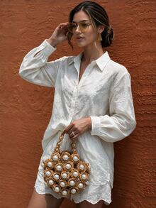 Flora Isola Flora Isola Solid Button Front Shirt & Scallop Trim Shorts - White - View 6