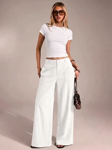 SHEIN PETITE CURVE Plus Size Pants Fall - White - View 3