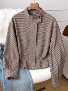 SHEIN 青少年女孩格紋印花拉鍊夾克 - 棕色 - 查看 4