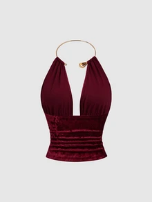 Sweetra Ruched Backless Metal Detail Halter Top - Burgundy - View 2