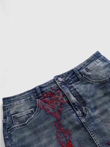 ROMWE Grunge Punk 大尺碼刺繡蜘蛛網圖案原邊牛仔裙 - 藍色 - 查看 3