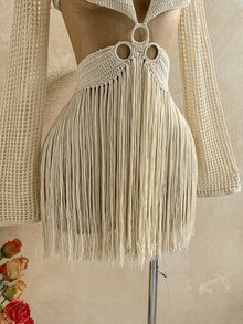Soleia Women's Hollow Out Sexy Tassel Hem Long Sleeve Sweater Dress - Apricot - View 3