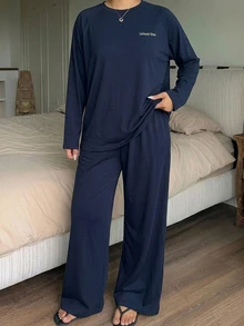 Dazy Plus 字母印花寬鬆短袖T恤與長款針織睡褲2件套大尺碼女款春夏秋居家服 - 藏蓝色 - 查看 5