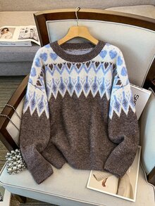 GlowEve CURVE Women's Autumn New Single Piece Round Neck Jacquard Pattern Coffee Brown Regular Fit Everyday Versatile Fashion Commute Knit Pullover Long Sleeve Plus Size Sweater - Coffee Brown - View 1