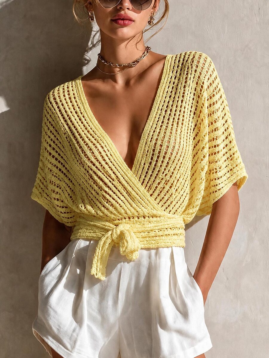 Balvessa Batwing Sleeve Wrap Knot Side Lightweight Cardigan Vacation Pale Yellow Summer Tropical European - Yellow - View 1
