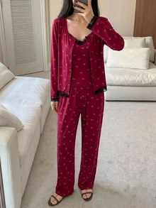 DAZY Floral Print Lace Trim Cami Top & Pants PJ Set - Burgundy - View 6
