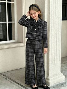 SHEIN 2件組女童開學季秋季外套套裝 - 黑色 - 查看 3