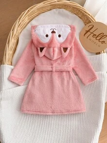 女嬰卡通刺繡 3D 耳朵設計連帽繫帶法蘭絨睡袍 - 淺粉色 - 查看 2