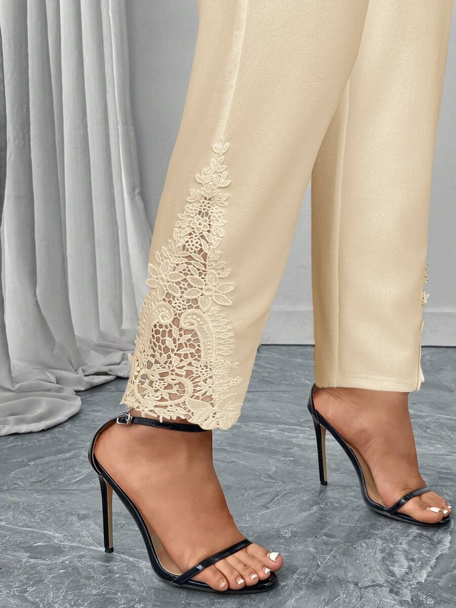 Reflora Plus Minimalist Contrast Guipure Lace Solid Pants - Apricot - View 1