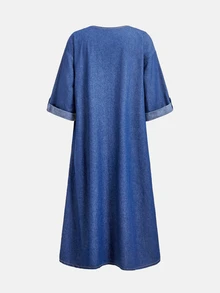 Balvessa Gaun Denim dengan Leher Berlekuk, Lengan Gulung, dan Belahan di Bagian Bawah. - Biru - View 4