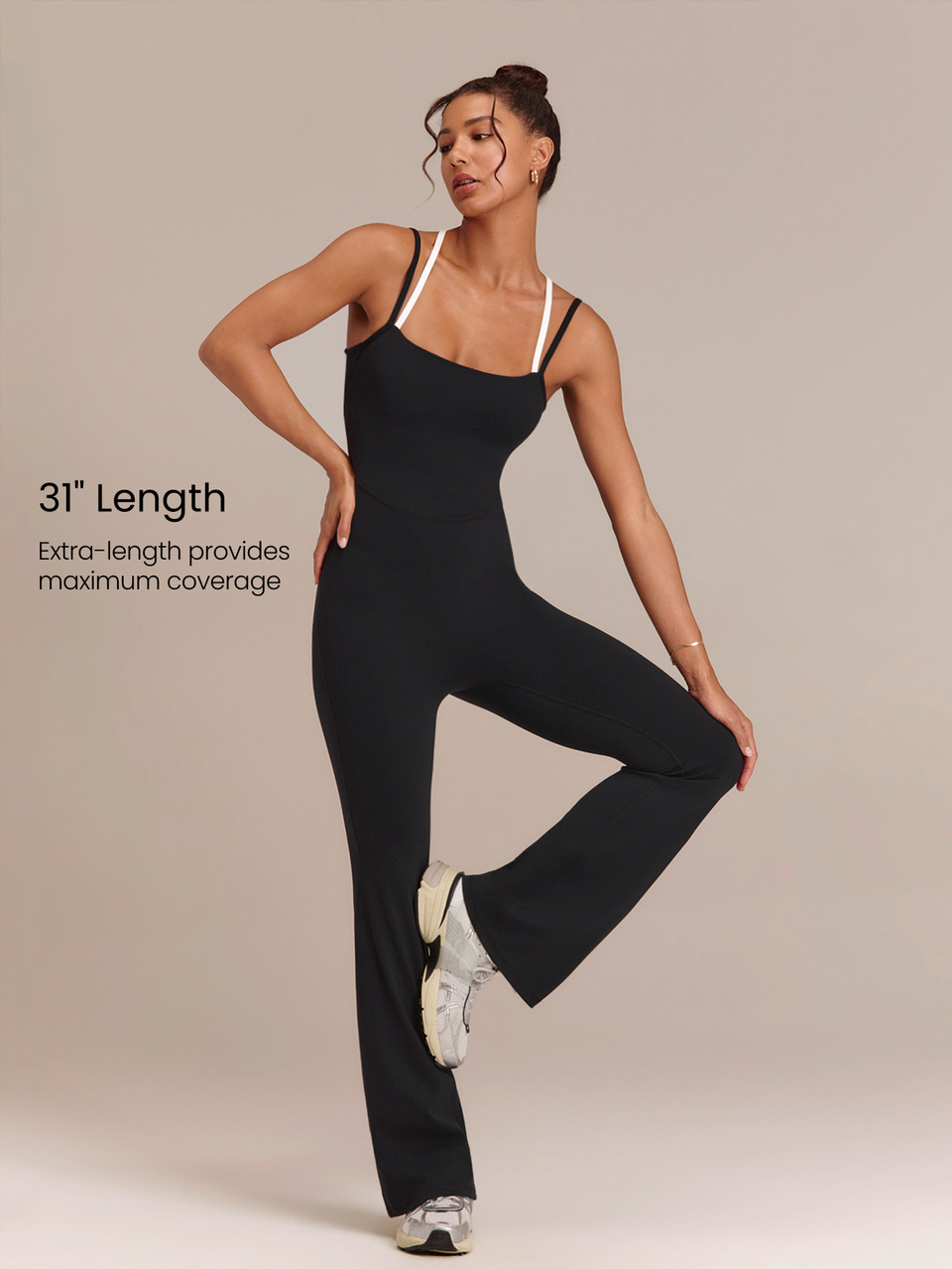 31" FeatherFit™ Flare Feel The Flow Crossback Bodysuit With Contrast Back Design & Built-In Padding Yoga Pilates Studio Daily Wear