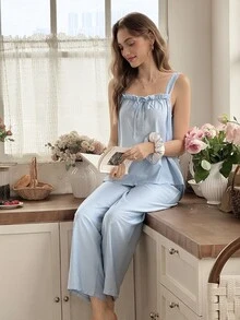 Snug Reverie Fresh Minimalist Solid Color Pleated Camisole Top With Wide Leg Pants Loungewear Set - Blue - View 7