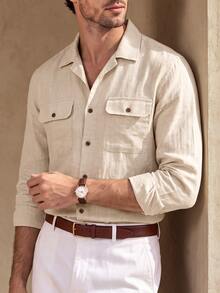 Core Aspect Men's Casual Double Pocket Single-Breasted Long Sleeve Shirt - Apricot - View 1