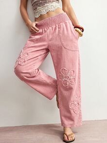 Bohemela Floral Embroidery Straight Leg Pants - Pink - View 1