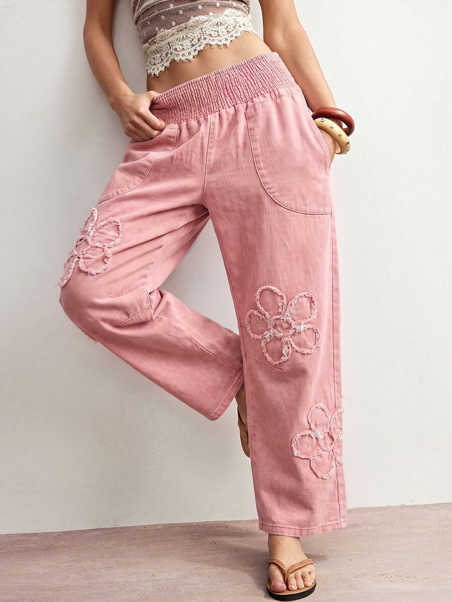 Bohemela Floral Embroidery Straight Leg Pants - Pink - View 1