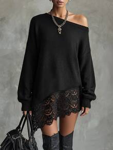 SHEIN Contrast Lace Asymmetrical Shoulder Drop Shoulder Sweater - Black - View 2