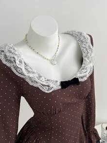 Elamini Polka Dot Print Contrast Lace Flounce Sleeve Bow Front Dress - Coffee - View 7