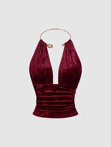 Sweetra Ruched Backless Metal Detail Halter Top - Burgundy - View 3