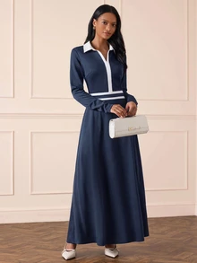 Lilora Gaun Berkerah V dengan Trim Kontras dan Sabuk - Navy Blue - View 1