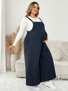 Plussiva 大尺碼紋理格紋寬鬆孕婦連身褲 - 藍色 - 查看 1