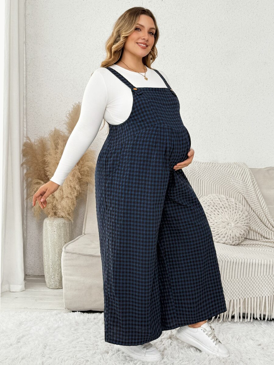Plussiva 大尺碼紋理格紋寬鬆孕婦連身褲 - 藍色 - 查看 1