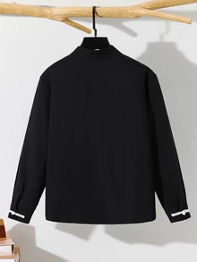 SHEIN 兒童青少年男孩新款中式青蛙鈕扣襯衫，休閒立領黑色上衣，基礎款，適合秋冬、學校、家庭聚會、度假、派對，秋季穿搭，冬季穿搭 - 黑色 - 查看 5