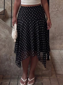 GalTyme Plus Size Summer Elegant Polka Dot Print Asymmetrical Hem Skirt - Black and White - View 1