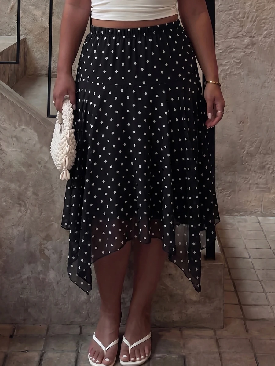 GalTyme Plus Size Summer Elegant Polka Dot Print Asymmetrical Hem Skirt - Black and White - View 1