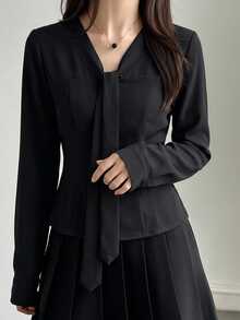 DAZY Solid Tie Neck Blouse - Black - View 6