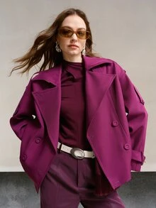 MOTF PREMIUM SOLID HIGH NECK DROP SHOULDER DOUBLE BREASTED PLACKET CROP COAT - Purple - View 3