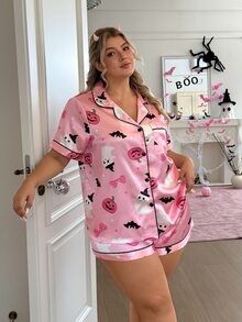 Slumberry CURVE Sweet & Cute Halloween Print Short Sleeve & Shorts Satin Plus Size Pajama Set - Multicolor - View 5